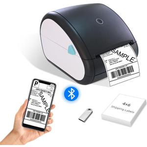 Thermal Label Printer 4x6, Bluetooth Shipping Label Printer for Small Businesses, with Built-in Paper Holder, Compatible with Amazon Shopify USPS