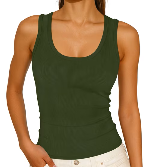 Free People Womens Scoop Neck Ribbed Tank Top Summer Sleeveless Layering Shirts, Army Green Small