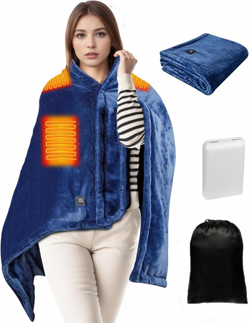 Cordless Heated Blanket - Wearable Heated Blanket Battery Operated with 10000mAH Power Bank, 3 Heat Settings USB Electric Throw Shawls for Home, Office, Outdoor, Game, Travel (Navy Blue)