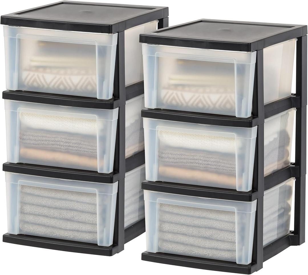 IRIS USA Plastic Drawer Storage Organizer, 3-Drawers, 2-Pack, for Classroom Art Craft Supplies, Bathroom Bedroom, Laundry Room, Black/Clear