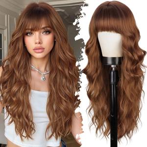 Lativ Auburn Wig with Bangs Long Wavy Ginger Wig Natural Looking Heat Resistant Synthetic Curly Full Wigs for Women Daily Use 26 Inches
