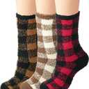 BomKinta Fuzzy Socks Women - Winter House Slipper Sock - Cozy Thick Warm Sleeping Gifts for Women Size 5-10 (3 Pairs Checkered Red Khaki Yellow)
