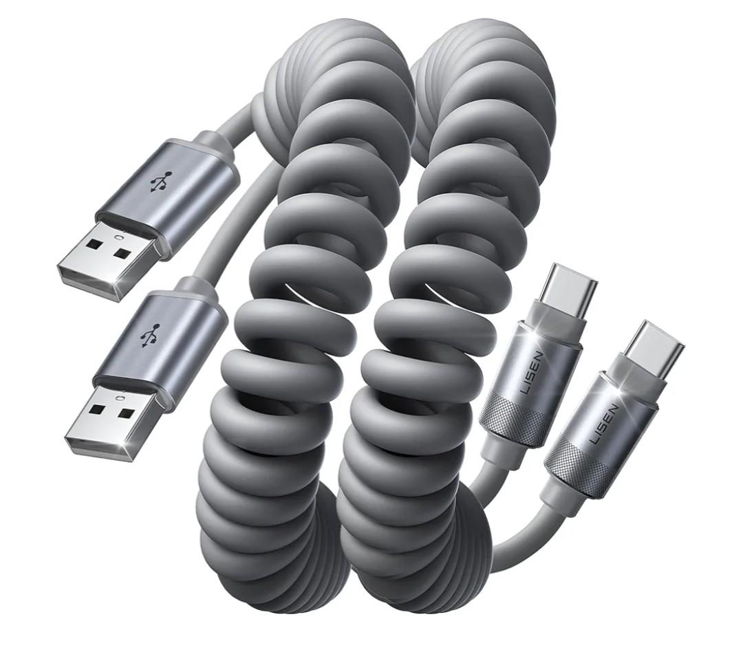 LISEN Coiled USB C Cable, 2 Pack for Android Auto & CarPlay Cable, Durable Short USB A to USB C Cable Gifts for Men Women Compatible with iPhone 17/16/15, Samsung Galaxy S25/S24/S23 A15/A14, Gray 4FT