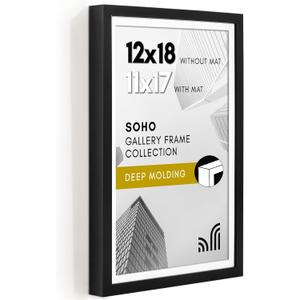 Americanflat 12x18 Poster Frame with Polished Plexiglass - Use as 11x17 Frame with Mat or Display 12x18 Photo Without Mat - Soho Collection - Deep Molding Picture Frames for Wall Display - Black