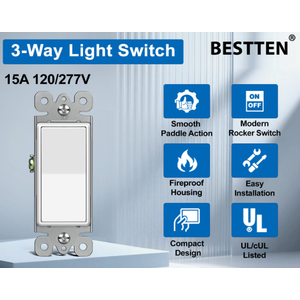 BESTTEN 4 Pack 3Way Decorator Light Switch with Wallplate, 15A 120/277V, On/Off Rocker Paddle Interrupter, Electrical Wall Light Switches, Single Pole or Three Way, UL Listed, White
