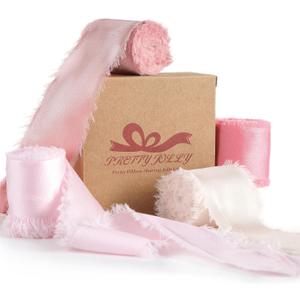 Pretty Jolly Pink Set Silk Satin Ribbon for Flower Bouquet 4 Rolls 1 Inch x 5Yd Handmade Frayed Fabric Ribbons for Gift Wrapping,Crafts,Baby Shower,Wedding Invitations,Hair Bows and Holiday Decor