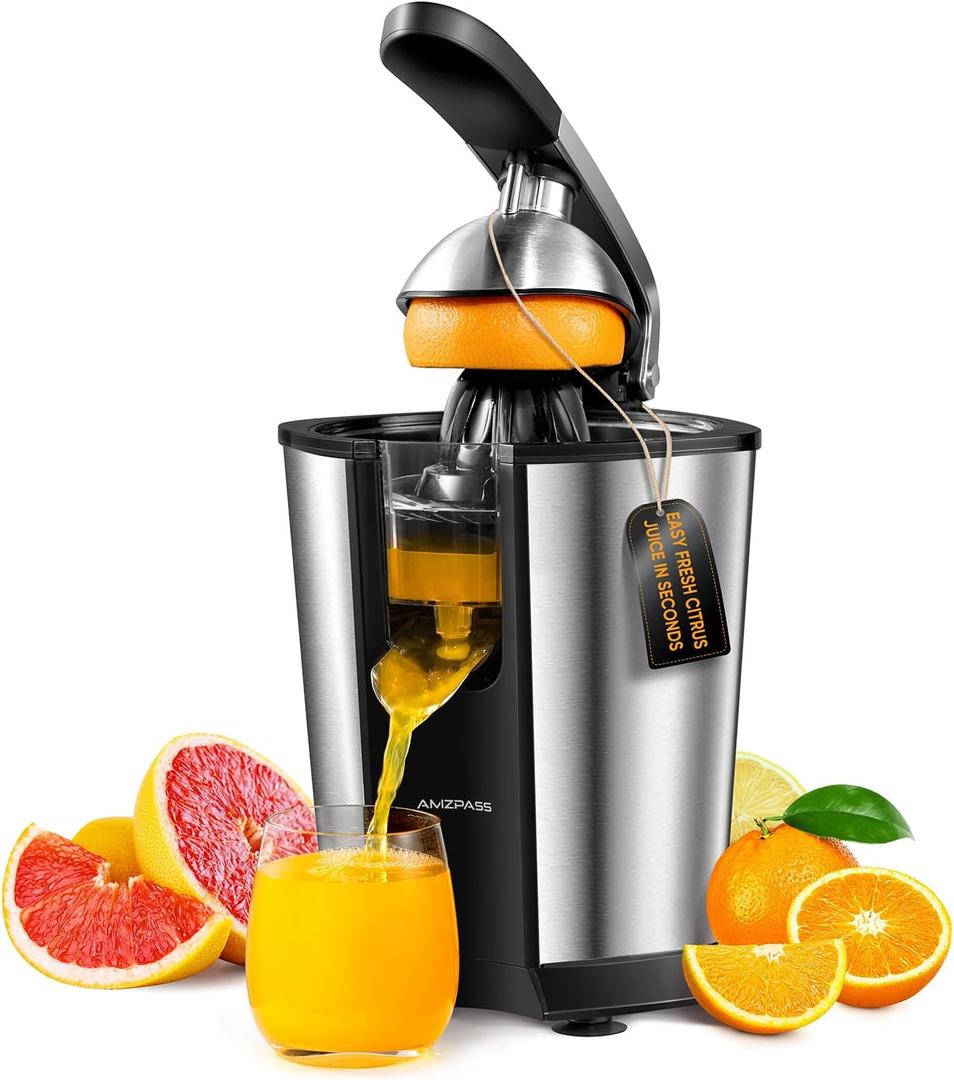 Electric Orange Juicer, Citrus Juicer Squeezer with 2 Cones and Soft Grip Handle for Effortless Juicing, Stainless Steel Quiet Orange Juice Extractor Machines for Lime Grapefruit Lemon (Black)