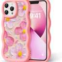 Compatible with iPhone 14 Pro Max Case for Women Girls, Curly Wavy Frame with Cute Pattern, Aesthetic Slim Soft Silicone TPU Bumper Shockproof Phone Case for iPhone 14 Pro Max - Pink Flower