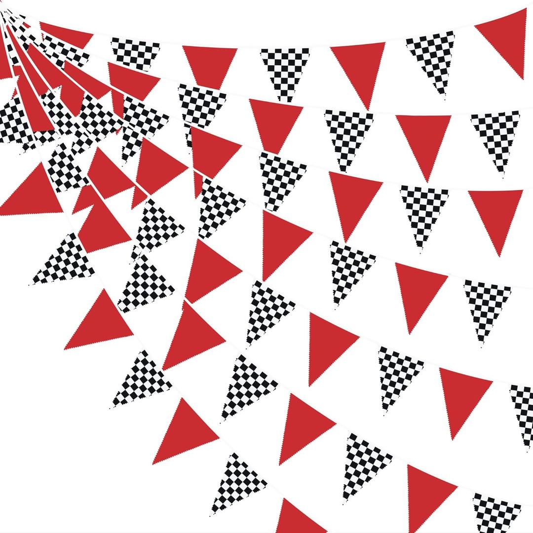 32Ft Red Black White Checkered Racing Car Party Decorations Race Car Triangle Flag Pennant Banner Fabric Garland Streamer for Kids Two Fast Birthday NASCAR Baby Shower BBQ Bar Picnic Outdoor Decor