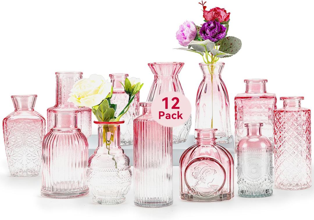 Glass Bud Vases Set of 12,Small Glass Vases for Centerpieces, Pink Bud Vases in Bulk, Mini Flower Vase, Small Vases for Flowers, Mini Vintage Vase for Wedding Home Room Office Table Decor (Pink)