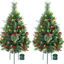 2 Set 30 Inch Outdoor Christmas Tree with LED Lights, Battery Powered & 6H Auto Timer, 8 Modes, Prelit Christmas Tree with Pine Cones Red Berries and Ball, Holiday Decor for Porch Yard Patio Pathway