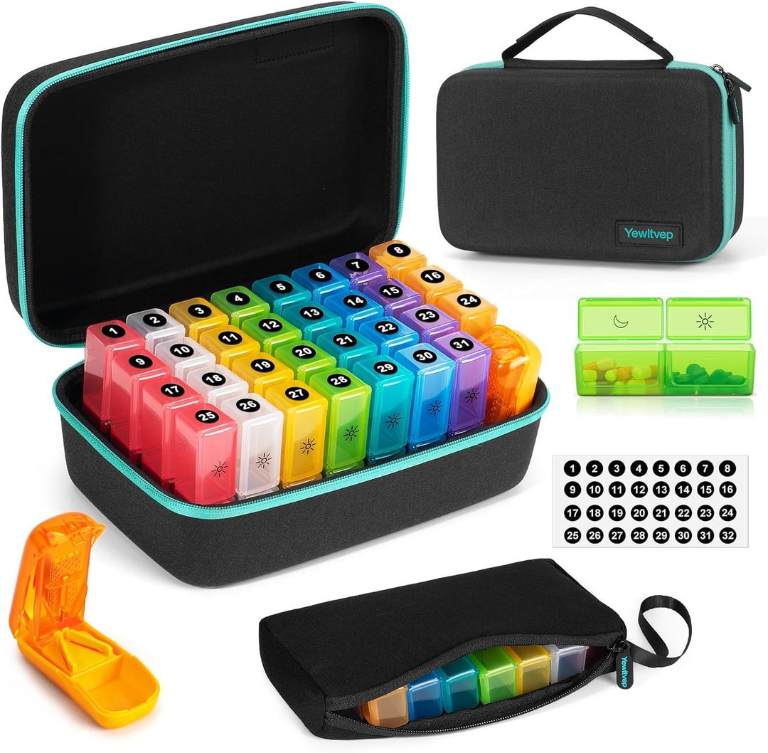 Monthly Pill Organizer 2 Times a Day with Weekly Pill Bag, 30 Day Pill Organizer 2 Times a Day with Large 32 Compartments, Monthly Stickers, Pill Cutter, Hard Travel Case Medicine Vitamins Case