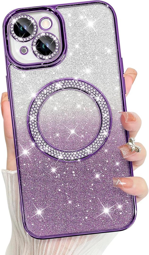 Bonoma Compatible with iPhone 15 Case Support for MagSafe, Plating Diamond Glitter Magnetic 2* Screen Protector Camera Protection Back Cover for Girls Women -Purple