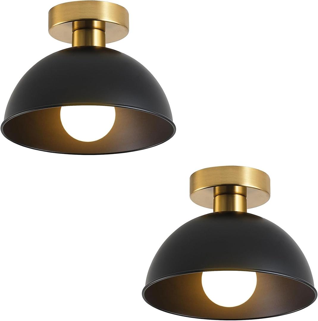 2 Pack Semi Flush Mount Ceiling Light with Gold Plate and Matte Black Shade, Farmhouse Ceiling Light Fixture for Kitchen Island Foyer Hallway Porch(2 Pack Black)