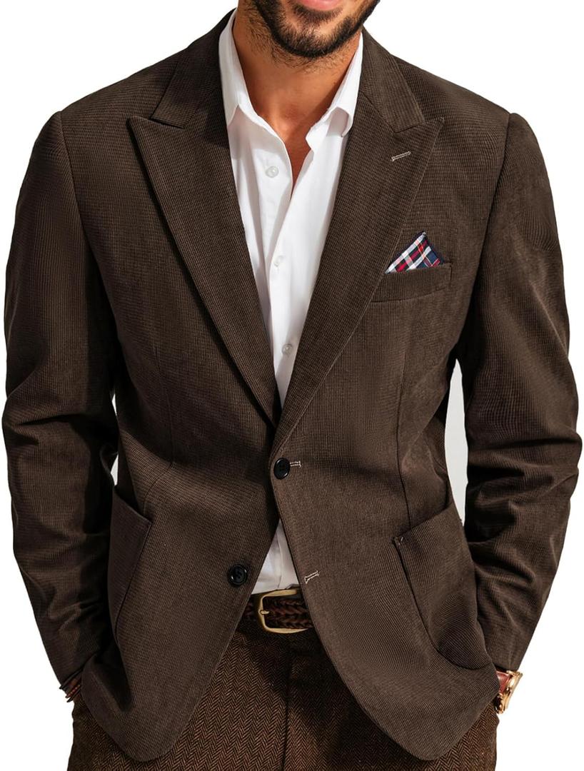 PJ PAUL JONES Mens Blazer Vintage Corduroy Jacket Formal Classic Two Buttons Sport Coats (Medium, Coffee)