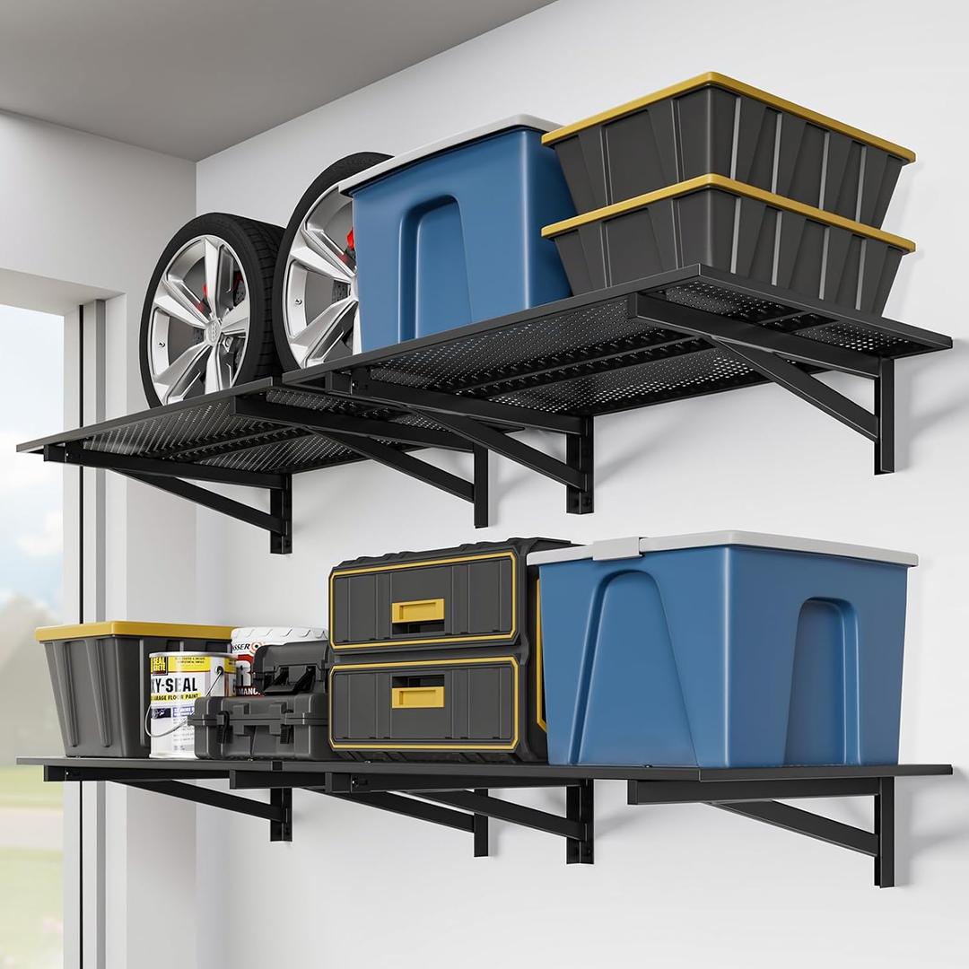 4 Pack Garage Shelving Wall Mounted, 2x3ft, 1400LBS Integrated Grid
Heavy Duty Garage Wall Shelving, 24"x72" Garage Storage Rack Floating Shelves, Rustproof Black Coating for Garage Workshop