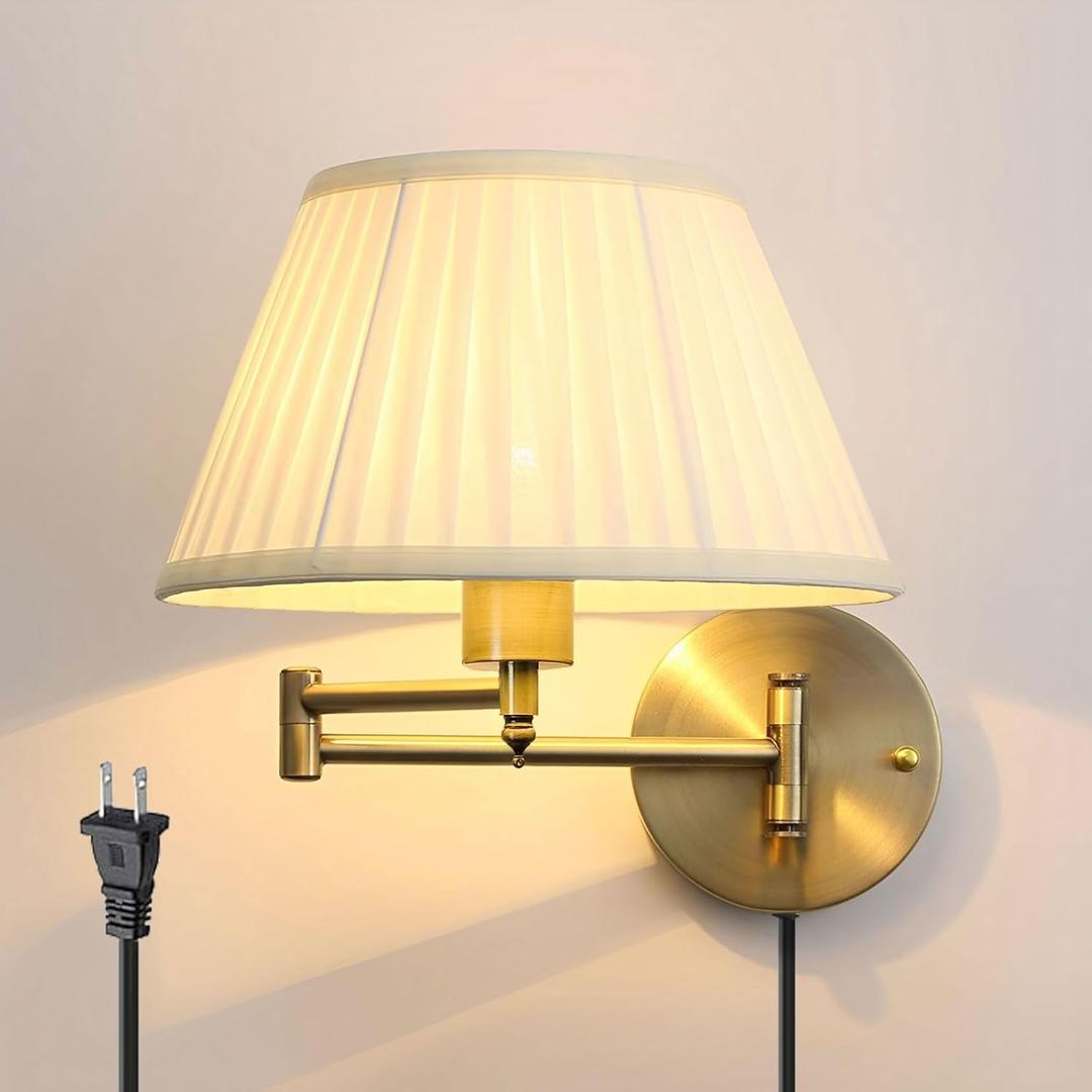 Indoor Wall Sconce Plug in Swing Arm Wall Lamp Bronze Wall Light Fixtures with Beige Fabric Shade Bedside Lights for Bedroom Hallway Study Room Living Room Reading Light (1PCS)