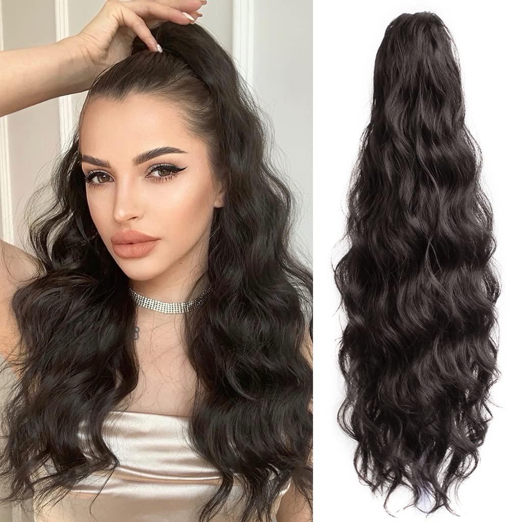 Ponytail Extension Wavy Curly 22" Long Synthetic Fake Pony Tail Wig Clip in Claw Clips Extensions Fluffy Faux Hair Pieces for Women Wedding Party Daily Use 6 Oz Darkest Brown