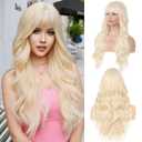 Blonde Wig with Bangs Long Blonde Wavy Curly Wigs for Women Heat Resistant Synthetic wig for Girls Daily Use Party Halloween Cosplay Wig 28inch
