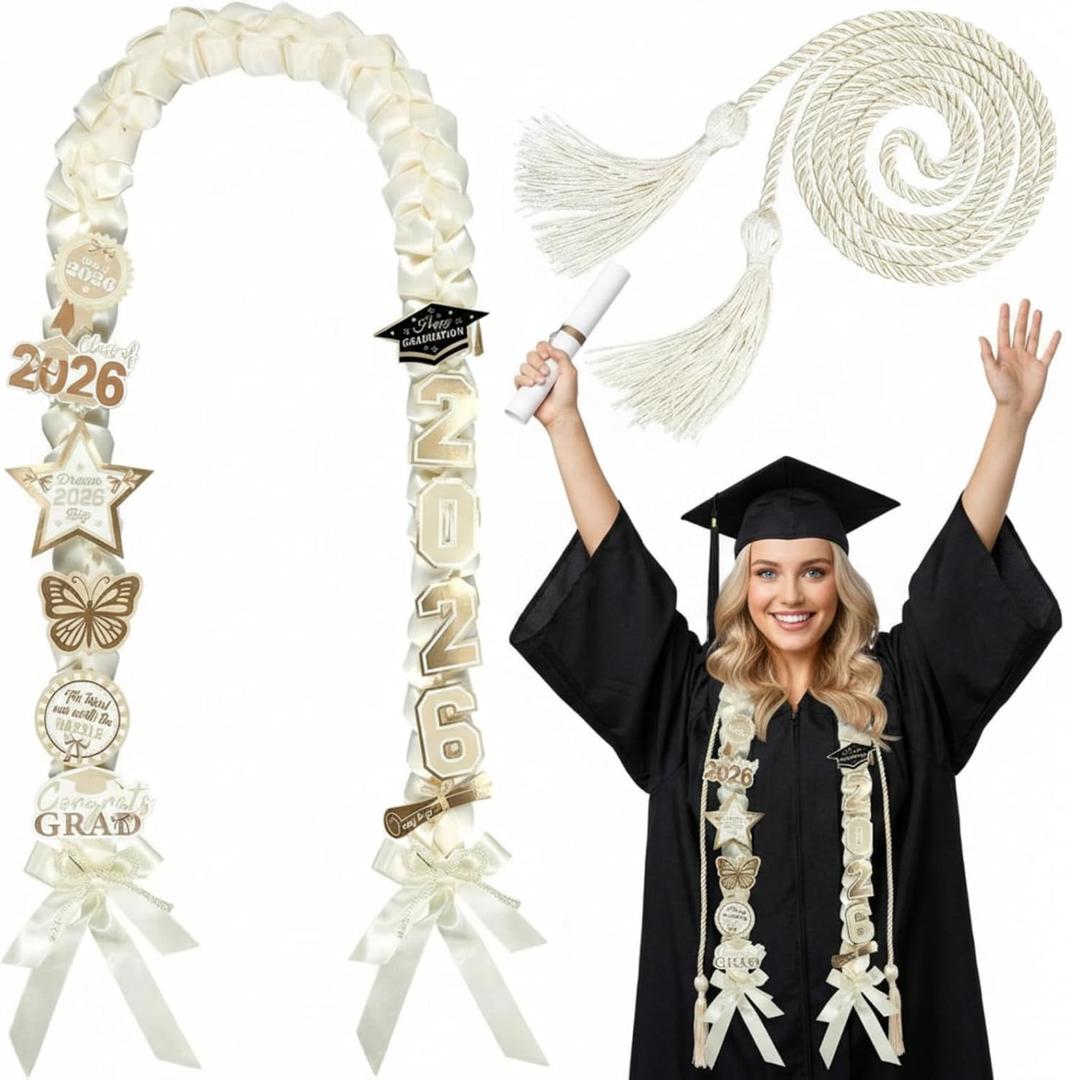 Suncalla 63" Graduation Leis 2026 Set Graduation Ribbon Lei with Letter and Honor Cords DIY Class of 2026 Gift for Women Men Grad Party(Open)