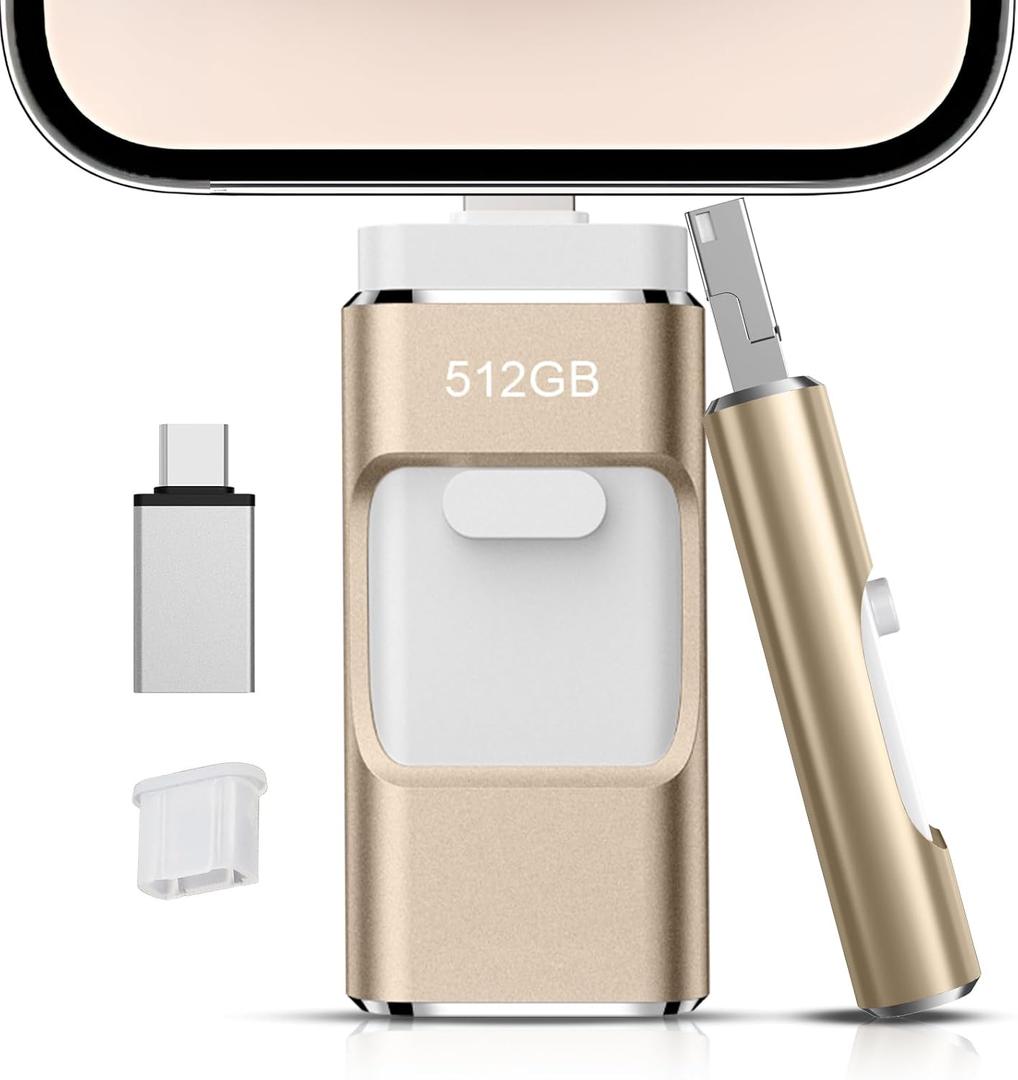 512GB Flash Drive[No App Required] Intended for Phone Tablet Androidphone and Computers, 4 in 1 Photo Stick for Phone Memory Storage Easily Backup Photos VideosGold