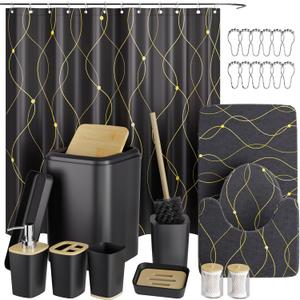 XLHOMO Black and Gold Bathroom Accessories Set - 24PCS with Shower Curtain, Rugs, and Waterproof Curtain Set
