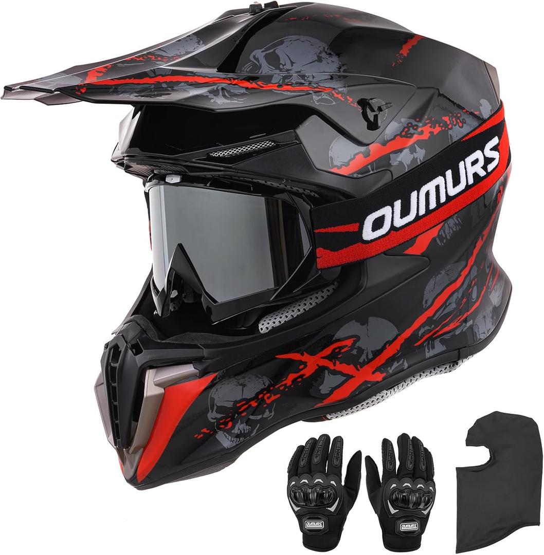 OUMURS Adult ATV Dirt Bike Helmet with Gloves & Mask Adjustable Sun Visor Motorcycle Adult Helmet Off-Road Motocross Downhill Moped MX for Unisex-Adult-Red Skull, L