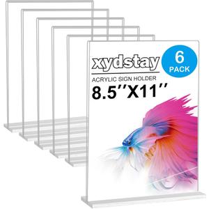 xydstay 6pack Acrylic Sign Holder 8.5 X 11, Vertical T Shape Clear Plastic Sign Holder, Menu Holder, Table Display Stand for Restaurant, Office, School, Store and Home Use