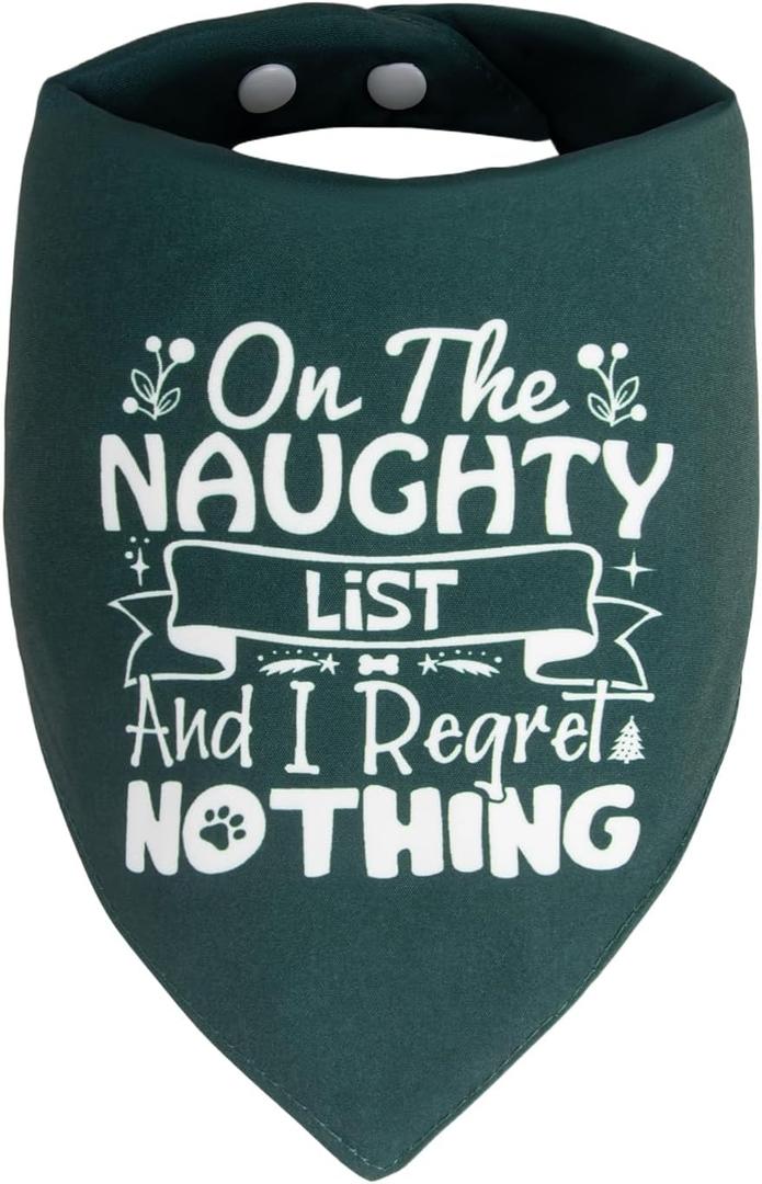 8 x Christmas Dog Bandanas Naughty & Nice Idea Funny Holiday Stocking Pet Scarf Gifts - On The Naughty List and I Regret Nothing, Solid Green, Extra Large Breed, 75lbs+