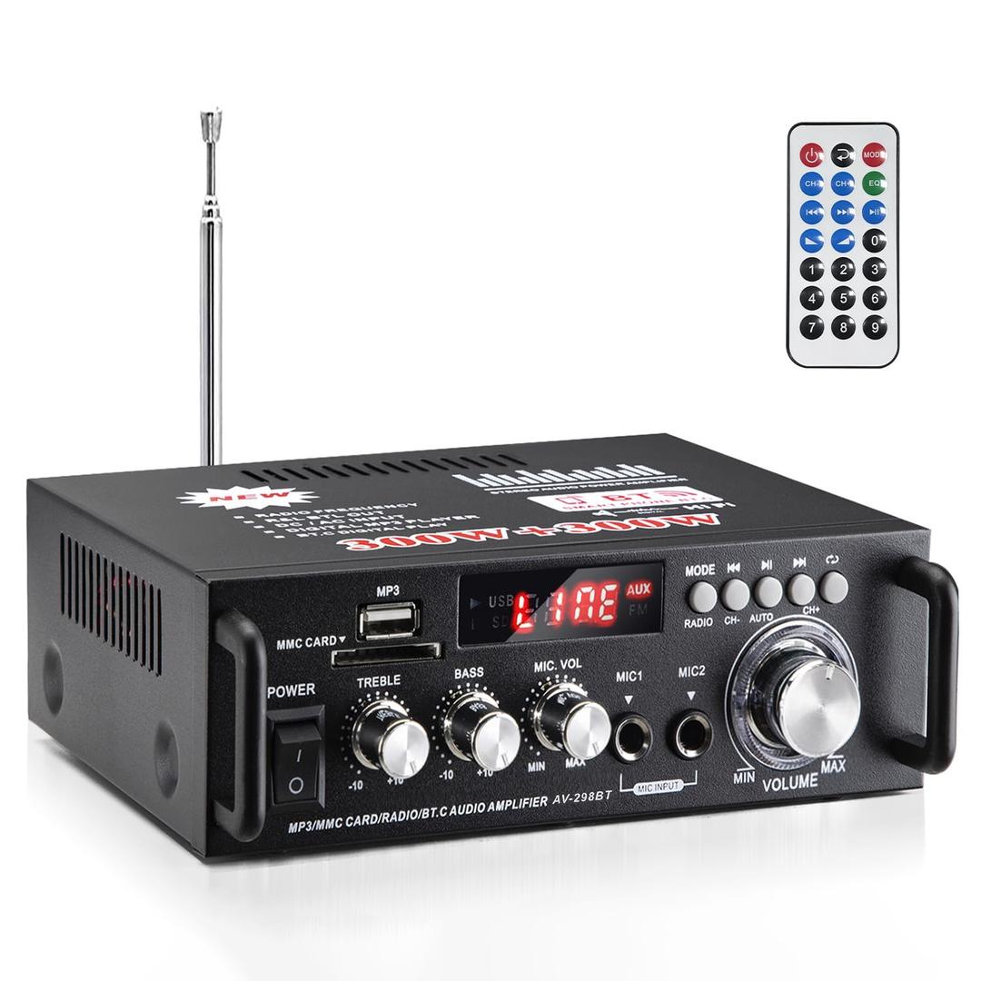 AV-298BT Stereo Audio Amplifier, Max 600W Amp 2 Channel Wireless Bluetooth 5.0 Power Amplifier System, Home Amplifiers Home Theater Audio Stereo System MIC, RCA, USB, SD Card, with Remote Control