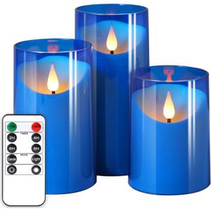 NURADA Flameless Candles: LED Pillar Acrylic Battery Candles with Remote and Timer for Wedding Party Romantic Decor - Pack of 3 Blue (4"x5"x6")