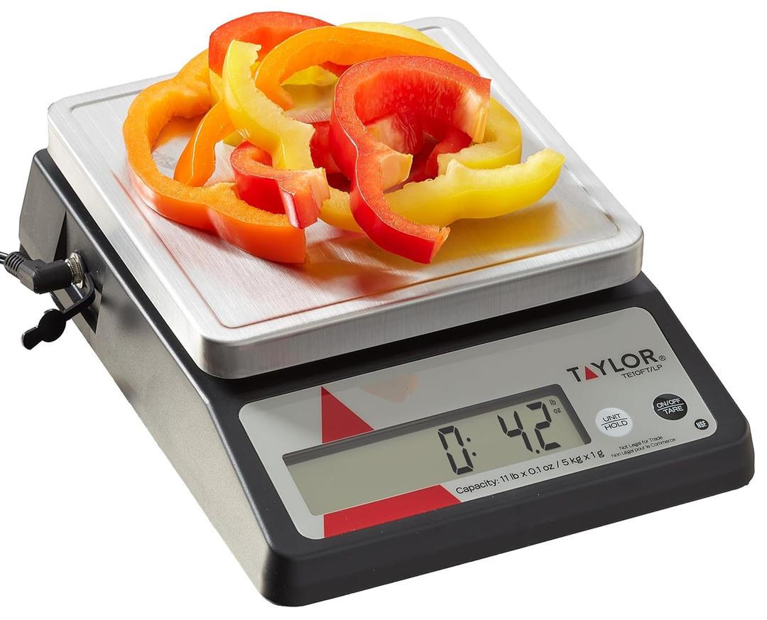 Taylor TE10FT 11-Pound Commercial Digital Portion Control Scale, 11 lb (5 kg) in 0.1 oz (1 g) Food and Cooking Scale, Tare and Hold Function, NSF, Stainless Steel Platform