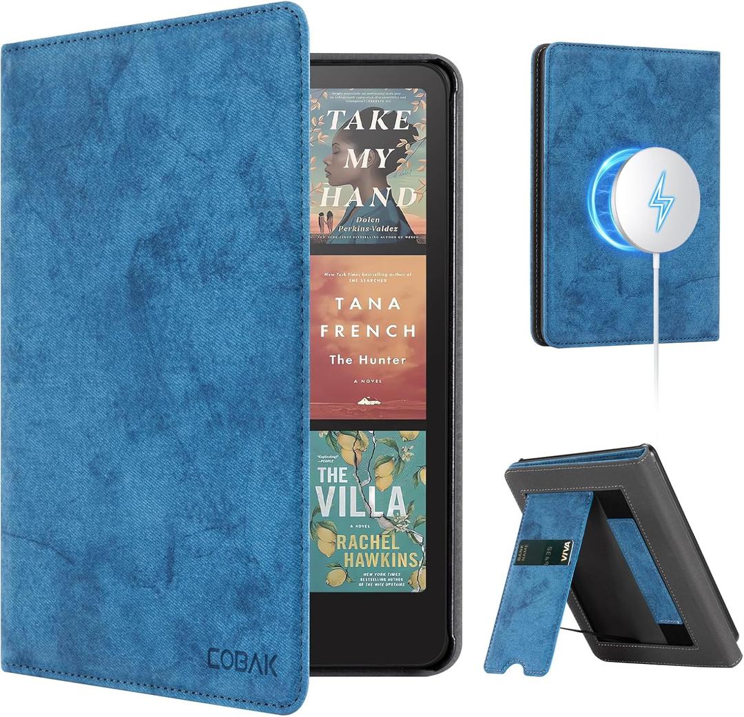 CoBak Stand Case for 7" Kindle Paperwhite 12th Gen 2024 and Kindle Colorsoft with Hand Strap - Compatible with iPhone MagSafe, for Samsung/Belkin/Anker Wireless Charging Pads, Durable, Auto Sleep Wake (Blue)