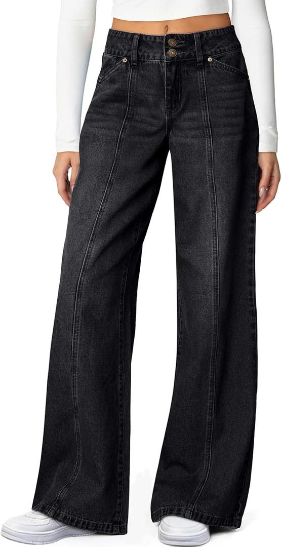 Sidefeel Women's Wide Leg Jeans High Waisted Stretchy Straight Leg Jeans Trendy Seamed Front Loose Denim Pants (Black)size 4