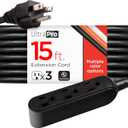 UltraPro 15 Ft Indoor Extension Cord 3 Outlet Power Strip Long Extension Cord with Multiple Outlets Grounded Heavy Duty 16 Gauge ETL Listed Black 50786