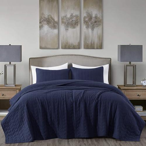 Chezmoi Collection Madrid 3-Piece Vintage Washed Solid Cotton Quilt and Shams Set (Queen, Navy)