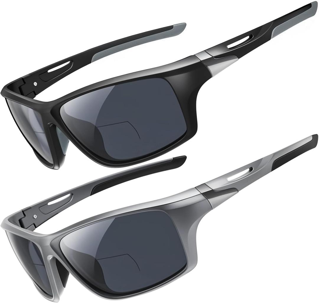 2 Pack Bifocal Reading Sunglasses Men Wrap Around Sports Sun Readers Outdoor Clear Top Soft Nose Pads PC Frame UV400 (Black+grey)