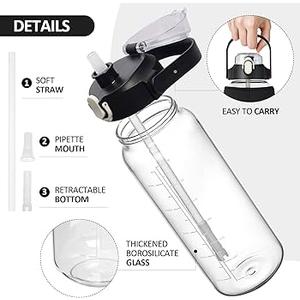 BLUEGO 32oz Glass Water Bottle with Handle and Straw|Leakproof Sports Glass Bottle with Time Marker and Silicone Sleeve|Glass Drinking Bottle for Travel, Gym, Workout, Blac