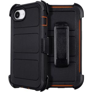for Defender Phone Case iPhone 16 e Case with Belt Clip, for Shockproof iPhone 16e PhoneCase Rugged, 2 Layers of Sturdy for iPhone16e Cases Heavy Duty, Military-Grade Cover for 16eCase Black & Orange