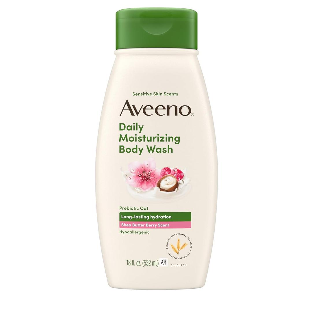 Aveeno Daily Moisturizing Body Wash with A Shea Butter Berry Scent & Soothing Prebiotic Oat, Provides Long-Lasting Hydration for Sensitive Skin, Hypoallergenic, Paraben-Free, 18 fl. oz