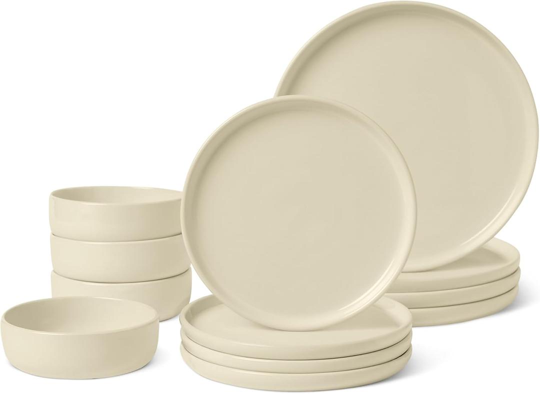 Amazon Basics Glazed Stoneware Dinnerware Set, Ceramic, Dishwasher-Safe, Freezer-Safe, 4 Full Place Settings, 12-Piece, Ivory