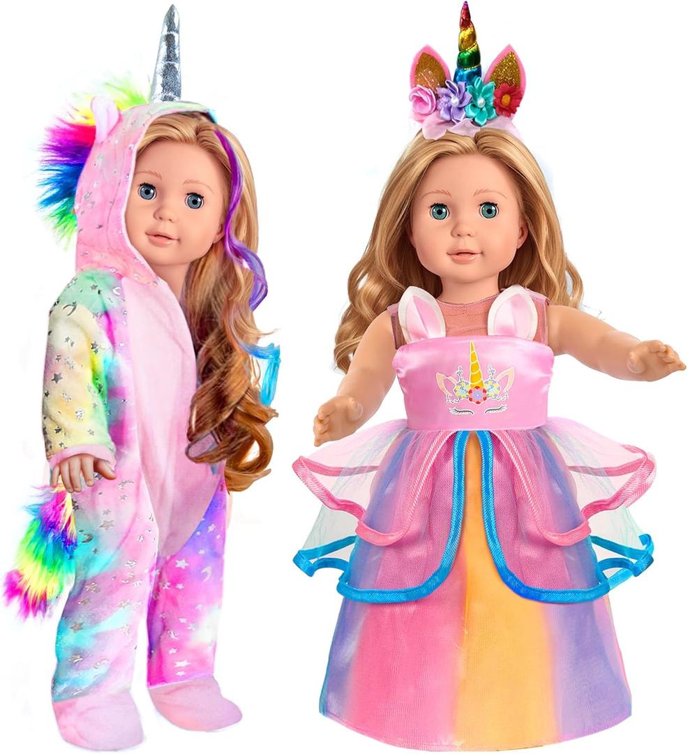 2-Sets 18-inch Doll-Clothes Set - Unicorn Clothes with Hair Clip and Headband - Compatible with All 18 inch Dolls Accessories for Kids -Pink