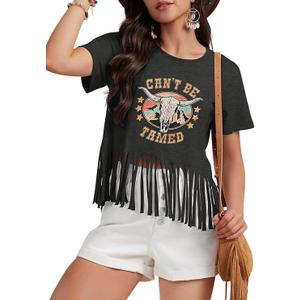 Women Graphic Tees Western Shirts Vintage Cowgirl Cowboy Fringe Shirt Concert Tops Short Sleeve(Dark Grey, XL)