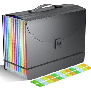 Accordion File Organizer/Expanding File Folder with Handle,13 Pockets Filing Box,Perfect for Desk top Stand/Portabe Document Paper Organizer,A4/Letter Size,Colored Monthly/Blank Tabs,Black Matte