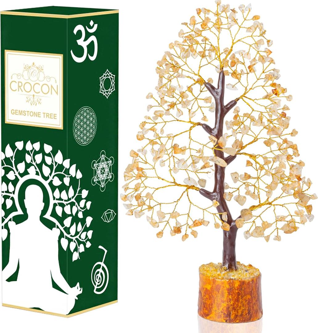 Crocon Citrine Gemstone Tree Feng Shui Figurine Money Bonsai Chakra Balancing Good Luck Prosperity Reiki Healing Crystals Decoration Ornament Sculpture Table Decor Gift Size 10-12" (Citrine (Golden Wire))