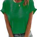 IDEALSANXUN Womens Ruffle Short Sleeve Tops Dressy Casual Summer Crew Neck Textured Shirts Tee Blouse (Green, M)