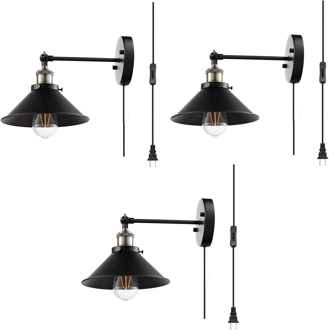 LABOREDUCER Plug in Wall Sconces Set of 3, Industrial Wall Lights with Swing Arm, Vintage Plug in Wall Lamps with Cord, Black Sconces Wall Lighting for Bedroom, Living Room(Bulbs NOT Included)