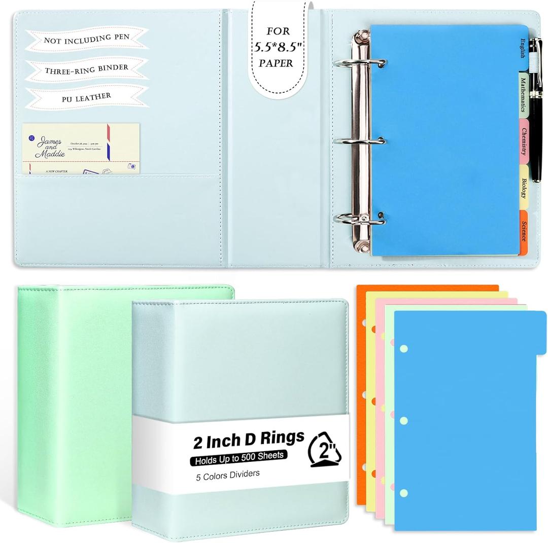 2 Pack 3 Ring Binder Junior Size Pu Leather Binder 2 Inch D Rings with 5 Colors Dividers 5.5" x 8.5" Holds Up to 500 Sheets with Pen Loop Pocket Small Binder for Office School (Green&blue)