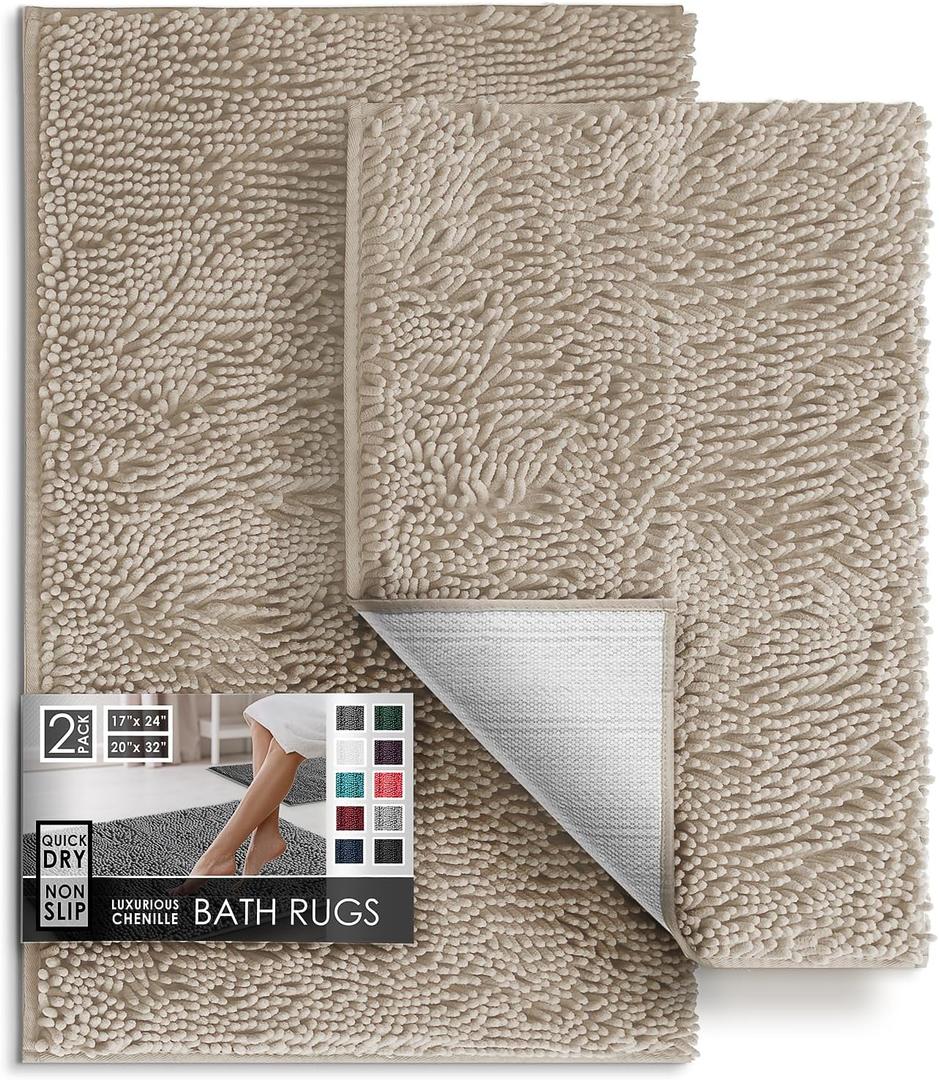 Hearth & Harbor Bathroom Rugs, Chenille Bath Mat - Machine Washable Bath Mats for Bathroom Non-Slip Backing Rubber, Quick Dry Bathroom Mat (Beige)