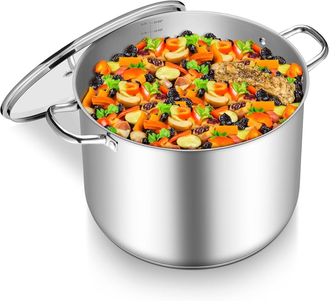 TeamFar Stainless Steel Stock Pot, 24QT Large Stockpot Tri-ply Bottom Cooking Soup Pot with Glass Lid, for Induction Gas Glass Stovetops, Non Toxic & Heavy Duty, Large Size & Easy Clean